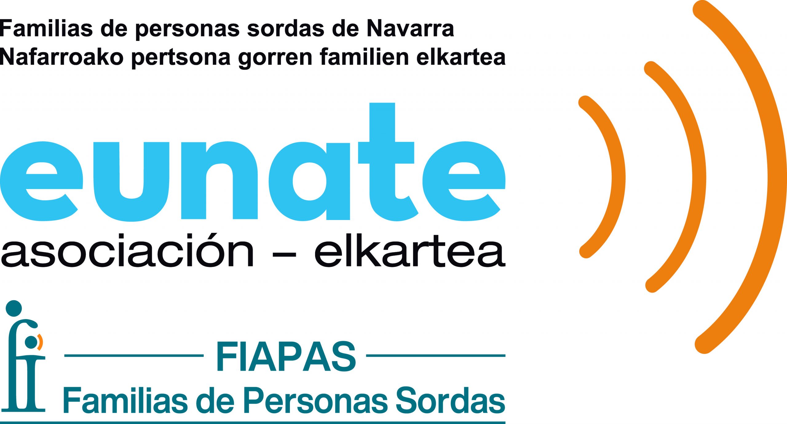 Logotipo de la asociación Eunate, que tiene tres ondas naranjas y el texto Familias de personas sordas de Navarra. También tiene debajo el logo de Fiapas, Familias de Personas Sordas.