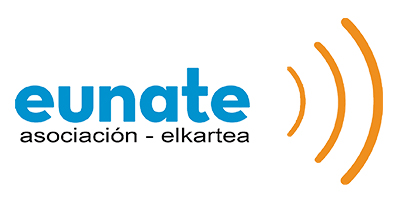 Logotipo de Eunate en azul, con tres ondas de color naranja