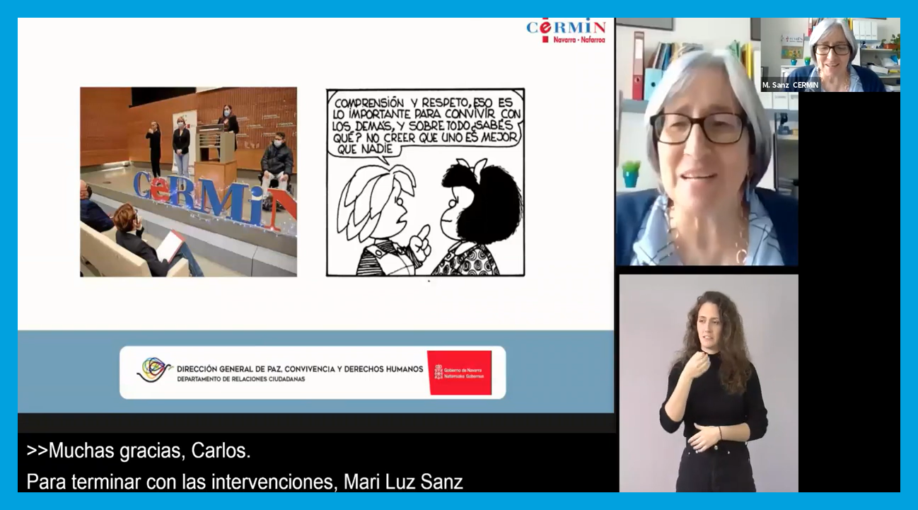 Web mintegi irisgarri baten irudian pertsona bat zeinu hizketan ikus dezakegu, informazio eta zuzeneko azpitituluak dituen aurkezpenarekin.